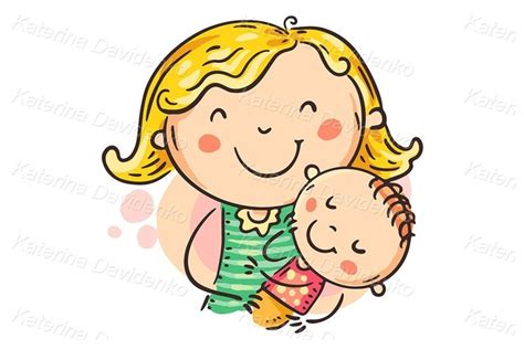 cartoon illustration of happy mom hugs son