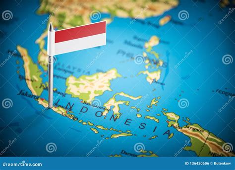 Indonesia Marked With A Flag On The Map Editorial Photo Image Of Location Object