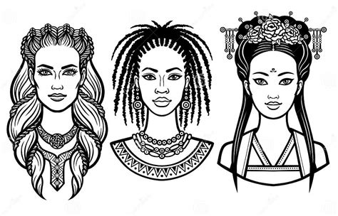 Set Of Portraits Young Beautiful Women Of The Different Countries Stock Vector Illustration