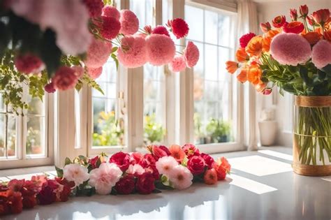 Premium Ai Image A Bouquet Of Flowers On A Window Sill With A Window