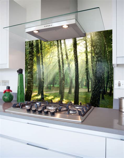 Forest With Suns Rays Printed Glass Hob Splashback Modern Kitchen