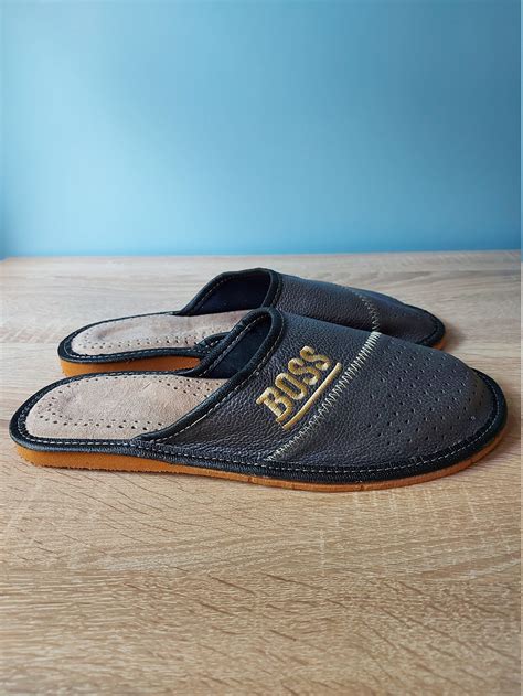 Boss Man S Slippers Brown Gray Navy Blue Haft Embroidery Etsy