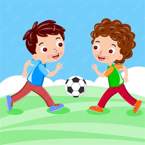Dos Niños Juegan Pelota Fútbol Vector Vector Premium