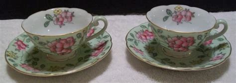 Diamond Occupied Japan Floral Teacups And Saucers Pastel Green
