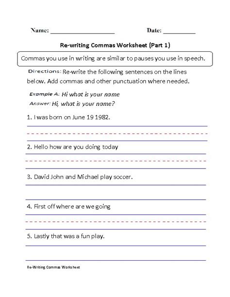 Weekly Grammar Worksheet Commas