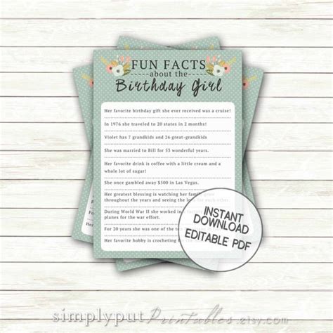 Birthday Anniversary Fun Facts Party Game Printable Having