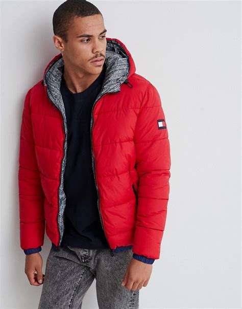 Tommy Hilfiger Reversible Hooded Down Puffer Jacket In Red All Over Print Red Modesens