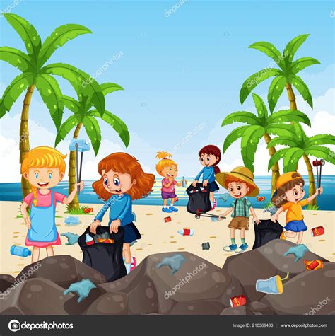More images for niño tirando basura dibujo » Voluntariado Niños Recogiendo Basura Ilustración Playa ...