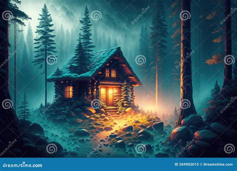 A Cabin In The Woods With A Light On At The End Of The Night In The