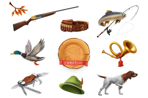 Download Hunting and fishing set. Vector icon By Allevinatis Studio | TheHungryJPEG.com