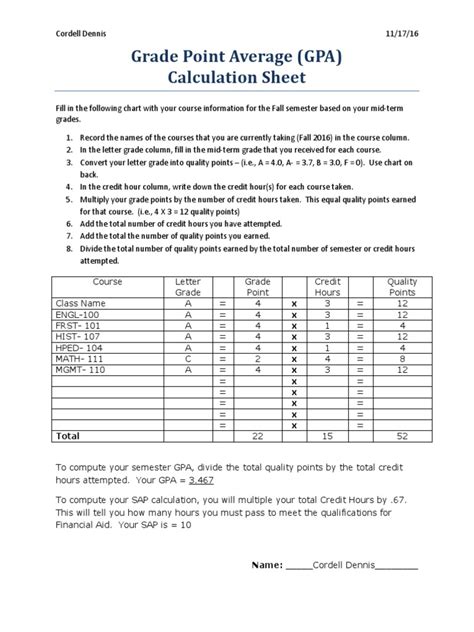 Gpa Calculation Sheet Pdf
