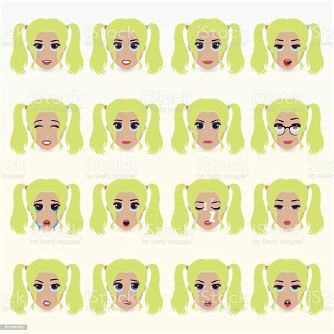 set of cute blonde girl emoticons stock illustration download image now avatar beauty