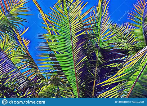 Green Palm Leaf On Vivid Blue Sky Tropical Nature Vibrant Landscape