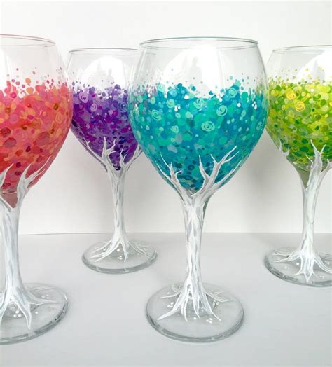 Blossoming Tree Wineglass Set Of 4 Hand Painted 20oz Glasses Etsy Wine Glass Designs Wine