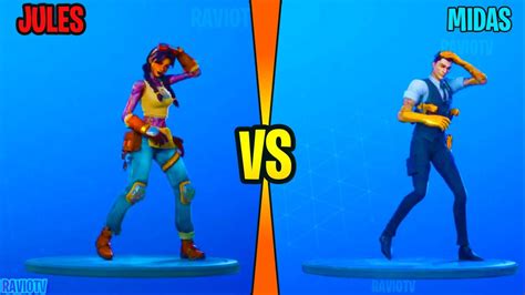 To celebrate this, the battle pass also has a water theme to it, offering a variety of new skins, including kit, jules and the tier 100 eternal knight , as well as new emotes, weapon wraps and the ability to create your own custom. Jules Vs Midas Showcase With All Popular Emotes & Dances ...
