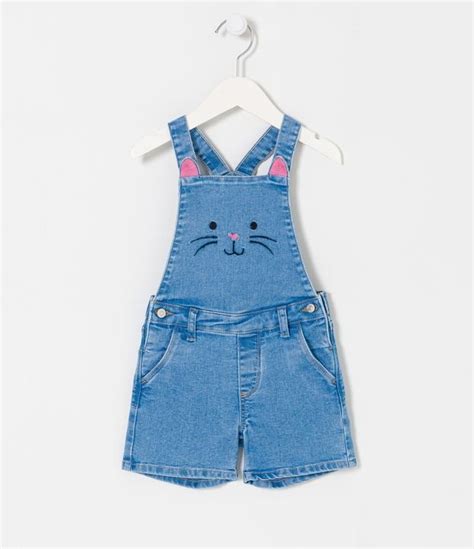 Jardineira Infantil Em Jeans Com Bordado De Bichinhos Tam 1 A 5 Anos Azul