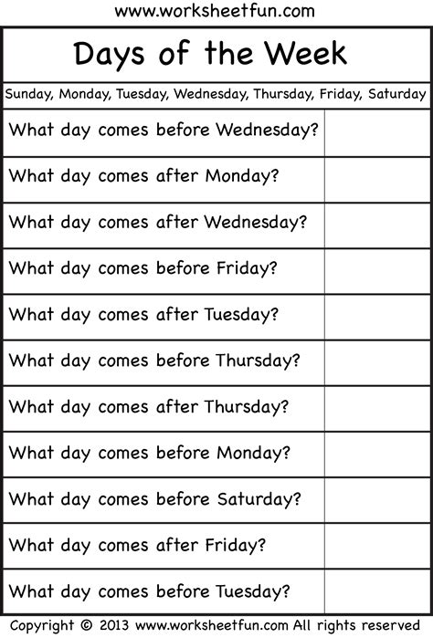 Download printable days of the week chart for kids. Days of the Week - Worksheet / FREE Printable Worksheets ...
