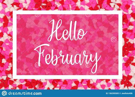 Hello February Greeting Card With White Text Over A Candy Heart Background Stock Illustration ...