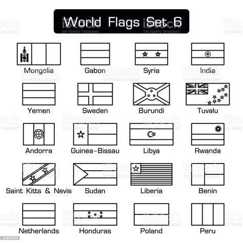 World Flags Set 6 Simple Style And Flat Design Thick Outline Stock