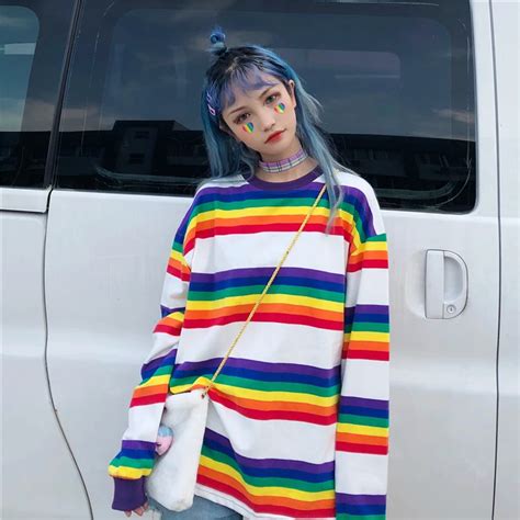 Tee Shirt Woman Autumn Tops Korean Ulzzang Harajuku Rainbow Striped T Shirt For Women Long