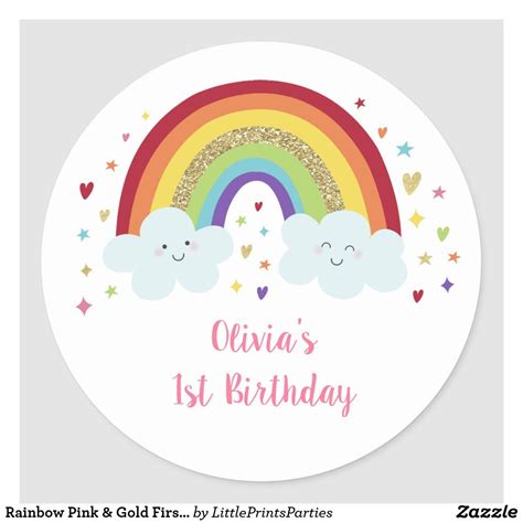 Rainbow Pink And Gold First Birthday Classic Round Sticker Zazzle Gold First Birthday Rainbow