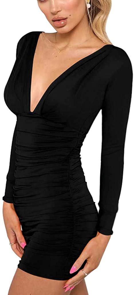 Gobles Womens Sexy Long Sleeve V Neck Ruched Bodycon Mini Party