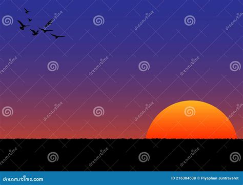 Graphics Image Sunset Or Sunrise With Orange And Blue Of Sky With Grass