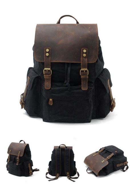 Cool Canvas Leather Mens 15 Black Computer Backpack Green Hiking