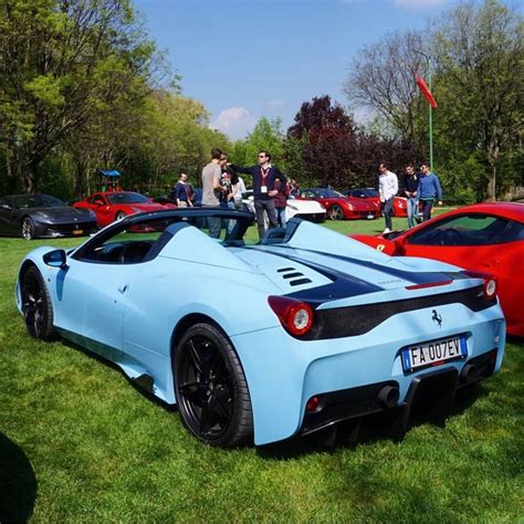 Azzurro california with racing stripe 20″ forged diamond rims black brake callipers suspension. Ferrari 458 Speciale Aperta painted in Azzurro Metallic w ...