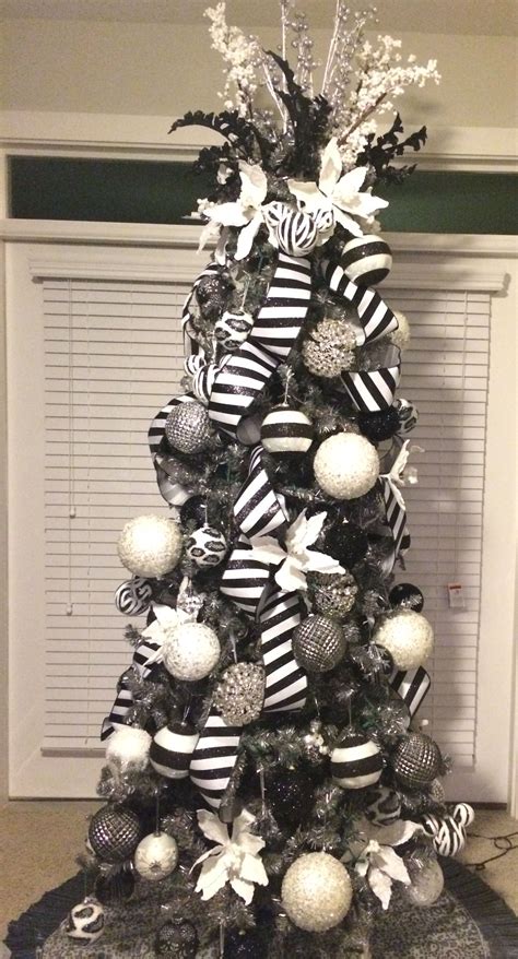 Dark gray/pewter tree with black, white, silver and bling ornaments