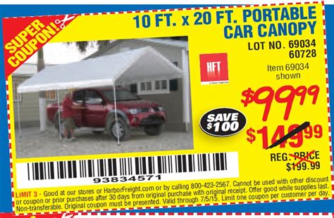 This canopy acts as a car port to protect your vehicle from the weather and provides shelter for outdoor activities. Harbor Freight Tools Coupon Database - Free coupons, 25 ...