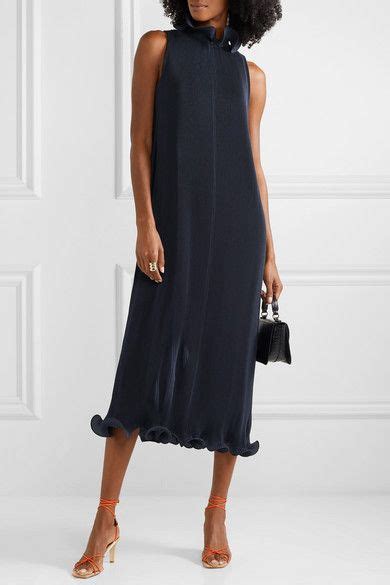 tibi ruffled plissé satin midi dress net a porter