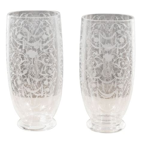 Pair Of Art Deco Etched Crystal Vases With Engraved Lace Design By Baccarat 1930s Crystal