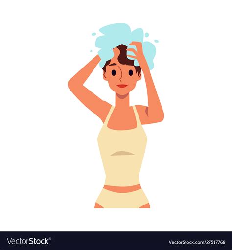 Cartoon Woman Washing Her Hair With Shampoo Vector Image