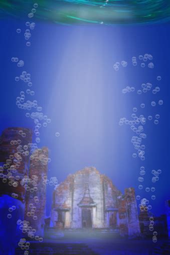 Istana Tua Di Bawah Laut Dalam Dengan Gelembung Air Foto Stok Unduh