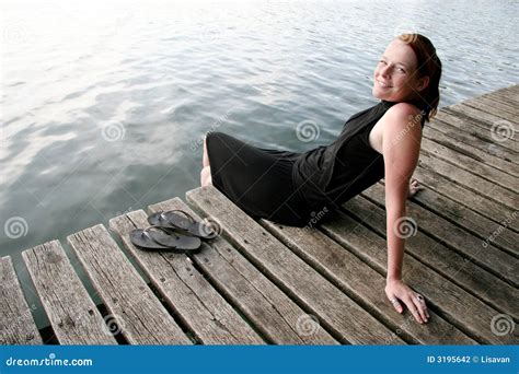 Young Woman Relaxing At Lake Stock Photo Image Of Friendly Happiness