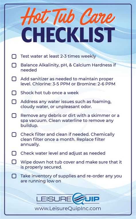 Hot Tub Weekly Maintenance Checklist Leisurequip