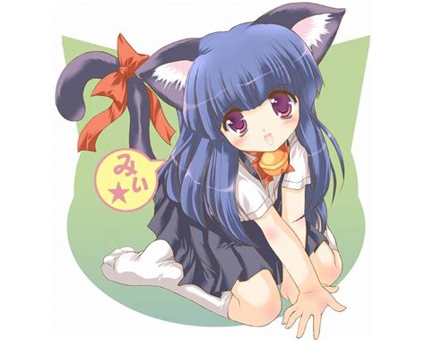 Animal Ears Bell Blue Hair Blush Bow Catgirl Furude Rika Higurashi No