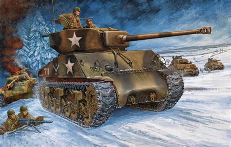 Wallpaper War Art Painting Tank Ww2 M4a3 Sherman