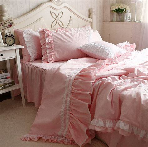 Shabby Girls Pink Bedding In Vintage Light Pink Bedding Set Queen Duvet Cover Pink Ruffle Lace