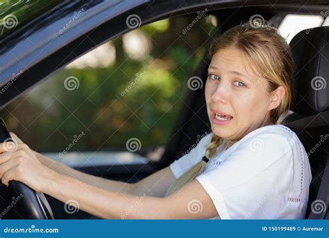 Young Beautiful Woman Scared And Stressed While Driving Car Stock Image Image Of Adult Fright