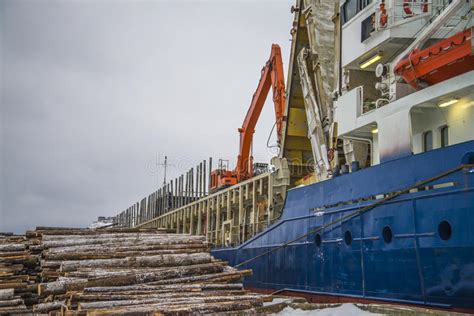 Cargo Ship Unloading Timber Stock Photo Image Of Business Ocean
