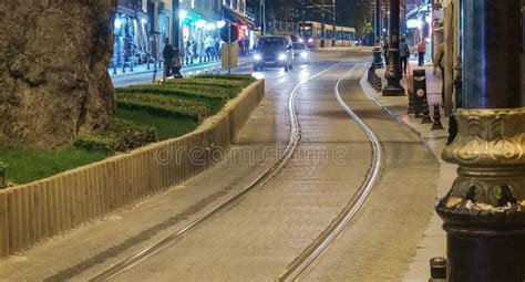 Tram Rails On Paving Stones At Night Editorial Photography Image Of