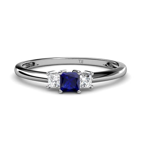 Princess Cut 35 Mm Blue Sapphire And Diamond Womens Three Stone