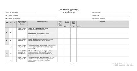 Pdf Child Care Center Licensing Checklist Date Of Review Dhs
