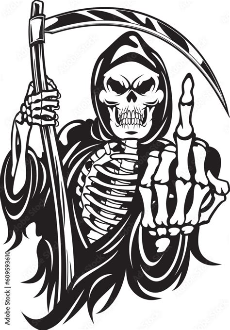 Grim Reaper Holding Scythe And Gesturing Middle Finger Stock Vector