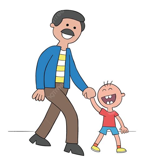 Vector Illustration Of A Joyful Cartoon Father And Son Walking Hand In