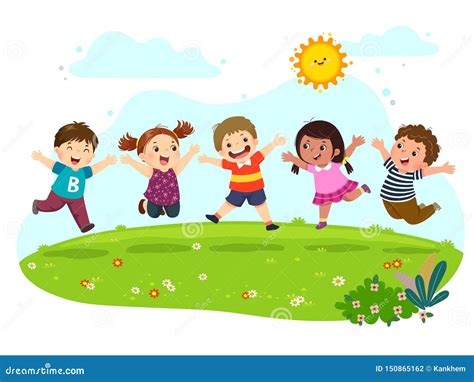 Group Of Happy Kids Jumping On Summer Meadow Stock Vector