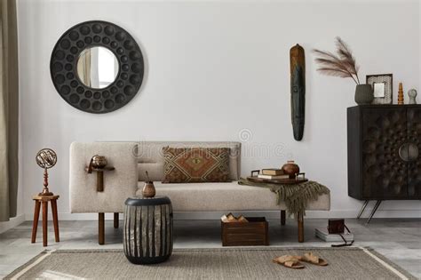 Interior Design Of Ethnic Living Room With Modern Commode Round Mirror