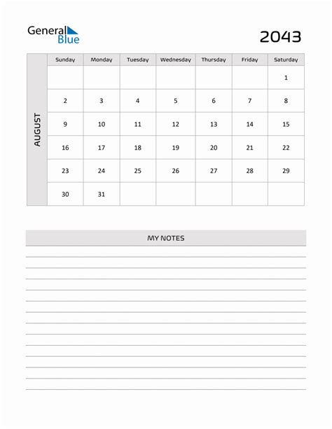 August 2043 Printable Monthly Calendar With Notes